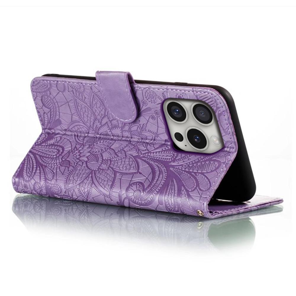 For iPhone 16 Pro Max Case Lace Flowers PU Leather Flip Wallet Phone Cover