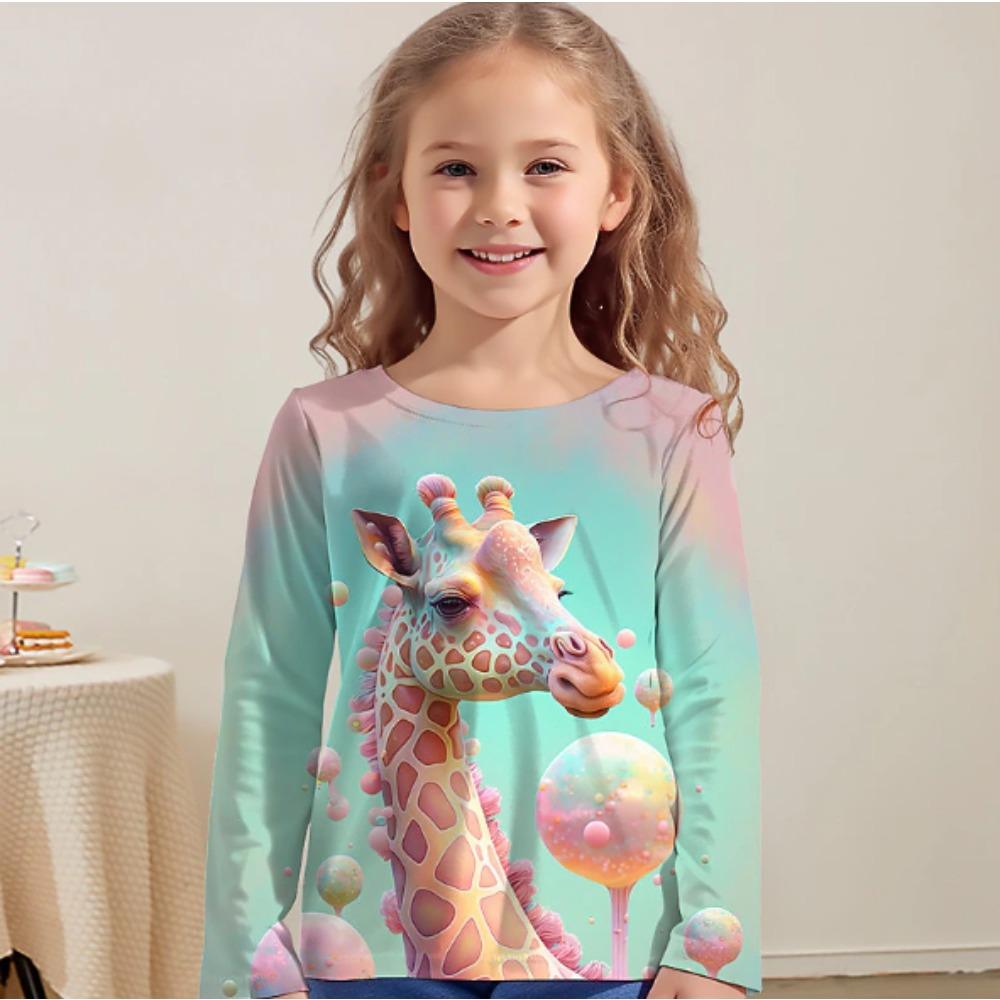 Kids Crew Neck Long Sleeve T‑Shirt, Colorful Giraffe 3D Print Casual Loose Halloween Party Daily Wear Tops for Children