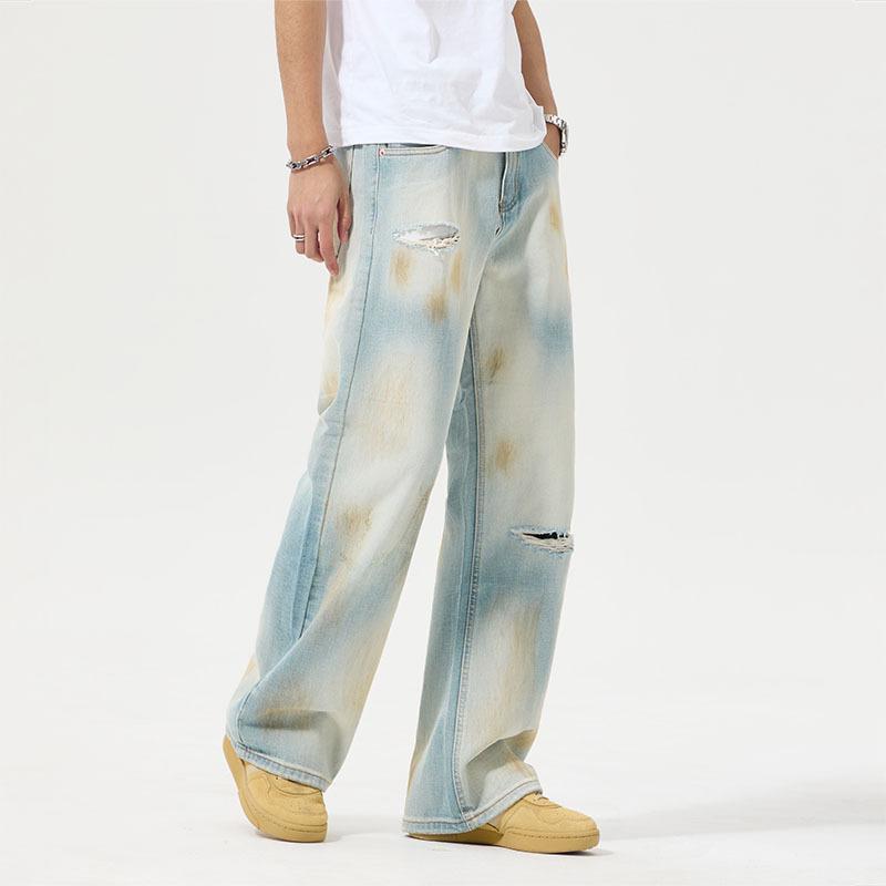 Retro Paint Light Blue Ripped Micro-flare Jeans Wasteland Style Loose Dirty Pants