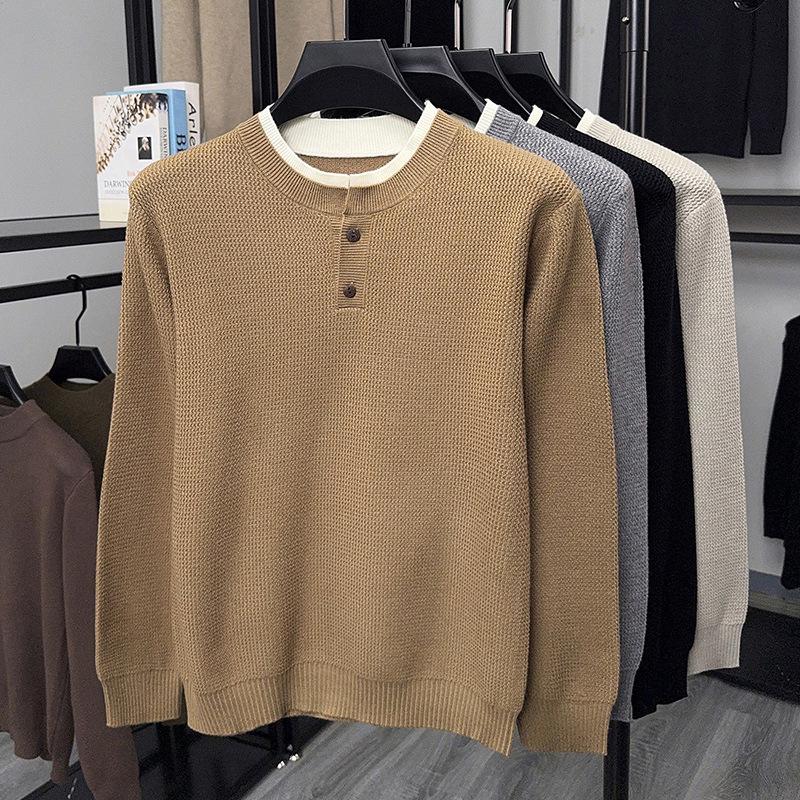 Men's Fashionable Thick Knit Sweater - 2025 Autumn/Winter Two-Piece Look, Round Neck, Youth Style.
