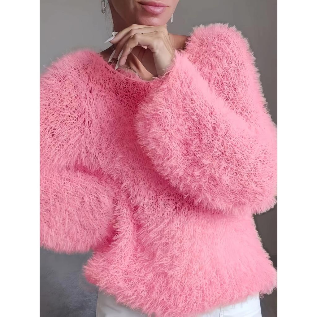 European and American women's clothing macaron round neck fluffy design sense solid color long-sleeved fluffy top