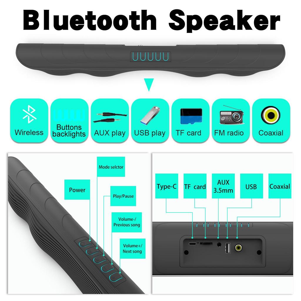 Wireless Bluetooth Sound Bar Speaker Wired Surround Stereo Home Theater TV System TF Card USB Play Remote Control Power Sound Speaker