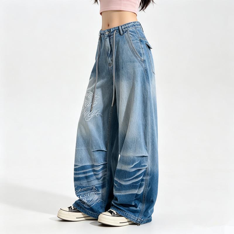 American retro large size washed old drawstring jeans men's and women's street straight loose and thin wide-leg pendant pants