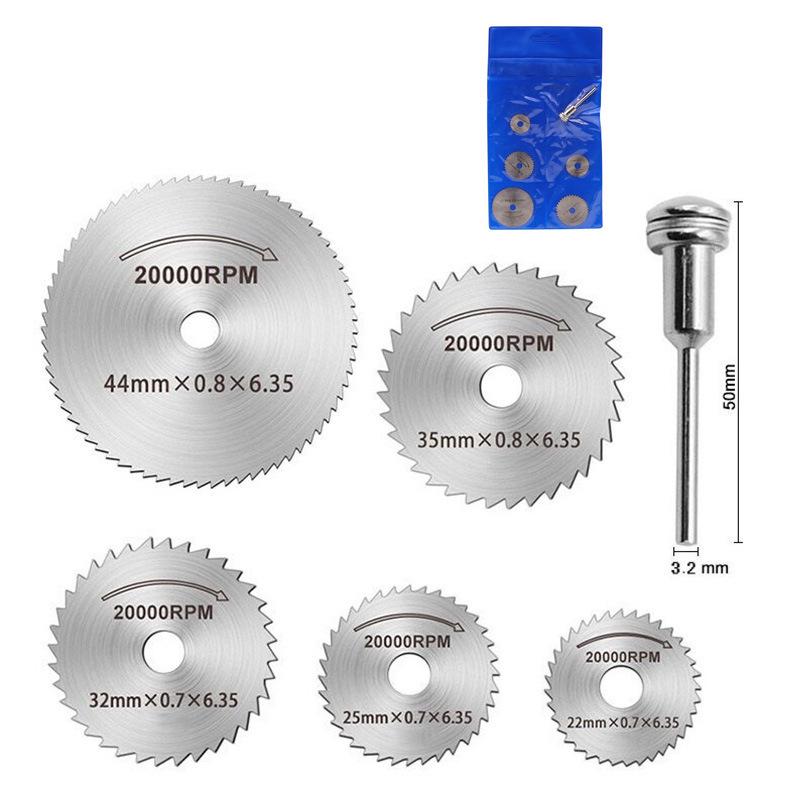 High-Speed Steel Cutting Disc Set: 5 Saw Blades & 3.2mm Shank for Electric Grinders - Cuts Wood, Plastic, Soft Metal