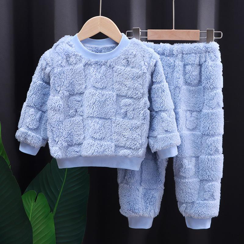 Children's Autumn and Winter Flannel Pajamas Set Boys Plus Velvet Thickened Home Service Girls Thermal Underwear Set