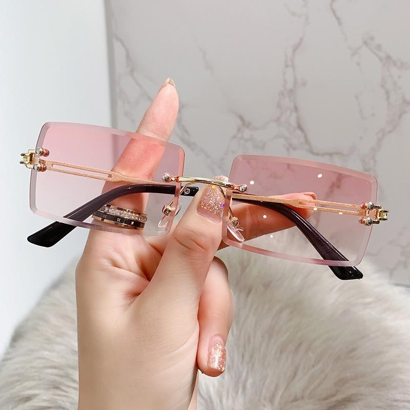 Rimless Rectangle Vintage Sunglasses Woman Brand Pink Gradient Sun Glasses Female Cutting Lens Square Ladies