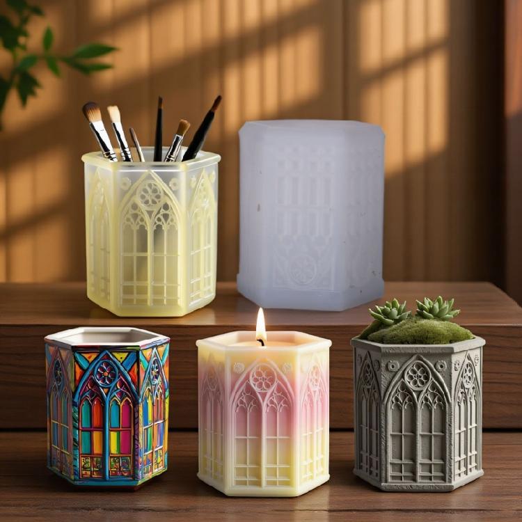 Multi Purpose Silicone Church Window Makeup Brush Cup Mold For Resin Art Epoxy Crafts Decorative Plant Container