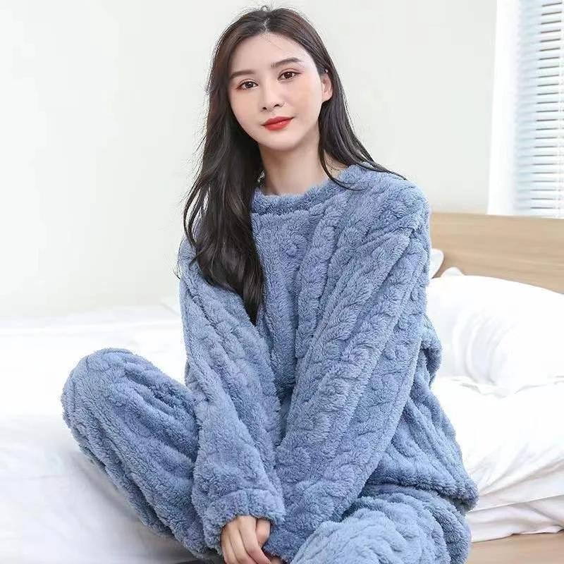 Women's Autumn/winter Coral Velvet Pajama Set Jacquard Cotton Fleece-lined Thickened Home Clothes Outer Wear Loose-fit Warm Suit