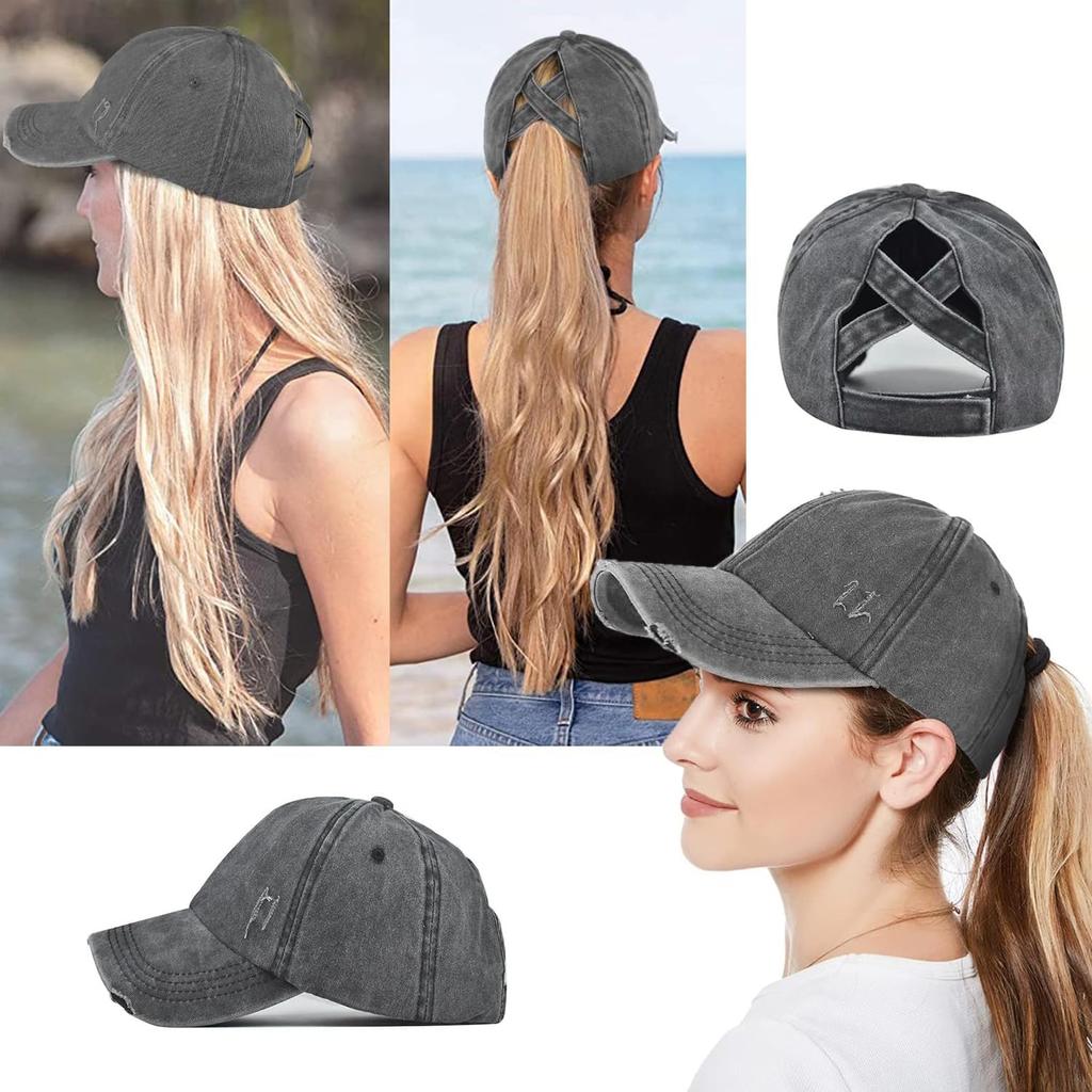 2 Packs Womens Ponytail Criss Cross Hat Baseball Cap Distressed Ponytail Hat High Messy Bun Trucker Ponycap