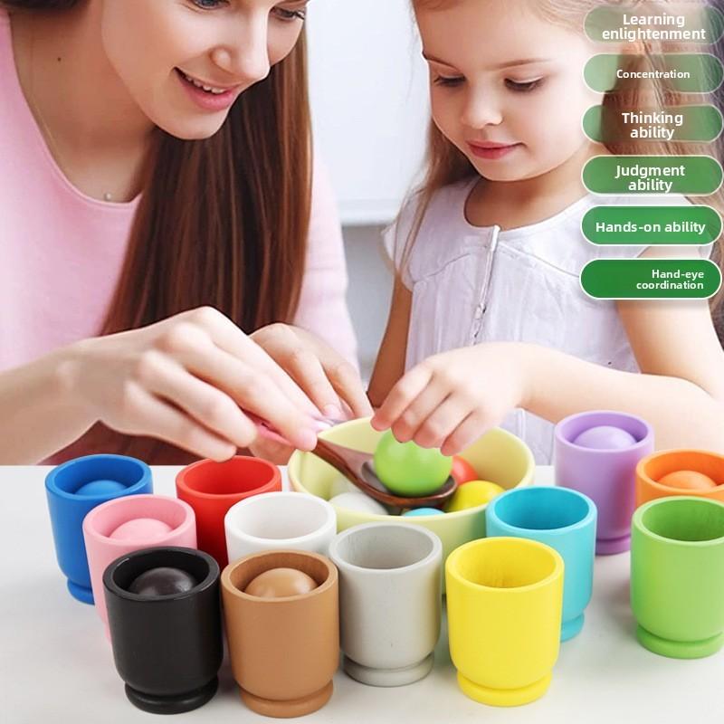 Educational Playset Wooden With Color Matching Balls And Cups For Learning Kids
