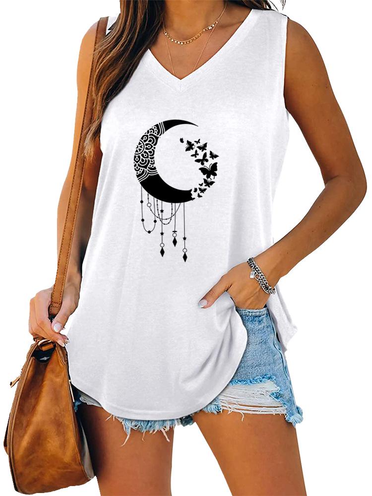 Women Fashion V Neck Printed Sleeveless Top Summer Casual Pullover Loose Tank Top