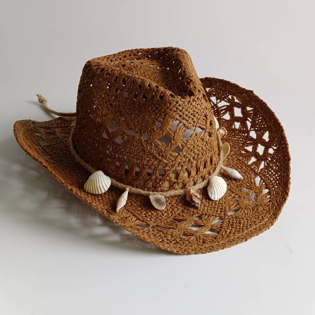 Sommer Strand Böhmischer Strohhut Holzperlen Ausgeschnitten Sonnenhut Muschel Damen Herren Westliche Cowboyhüte chapeau cowboy