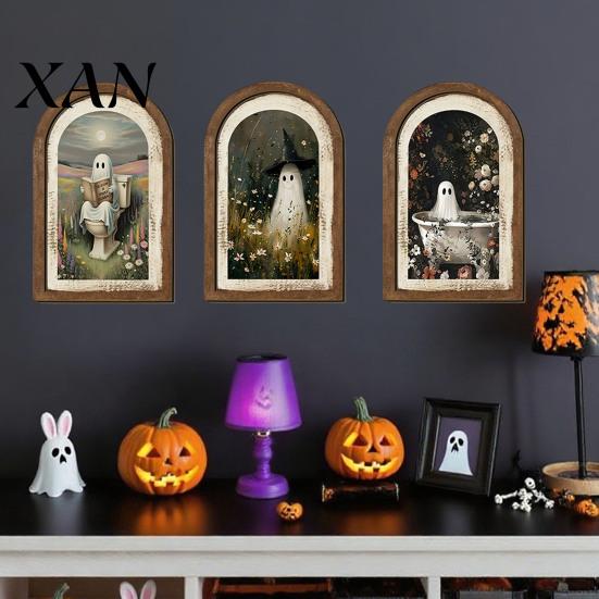 Farmhouse Ghost Decor Halloween Wall Decor, Cute Table Sign, Vintage Arch Framed Autumn Fireplace Accent Picture, Decorative Art for Mantel