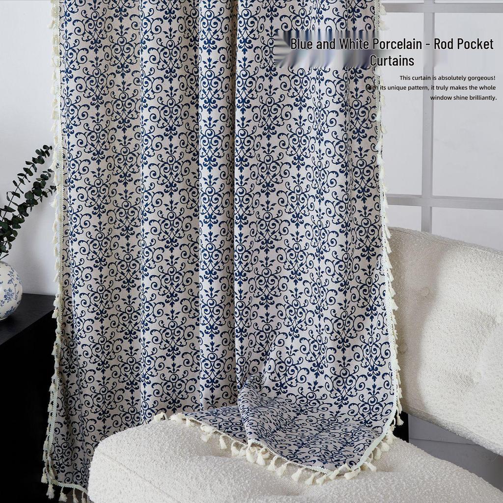 North American Style Cotton Linen Printed Curtains with Tassels, No-Drill Rod Pocket for Balcony or Bay Windows