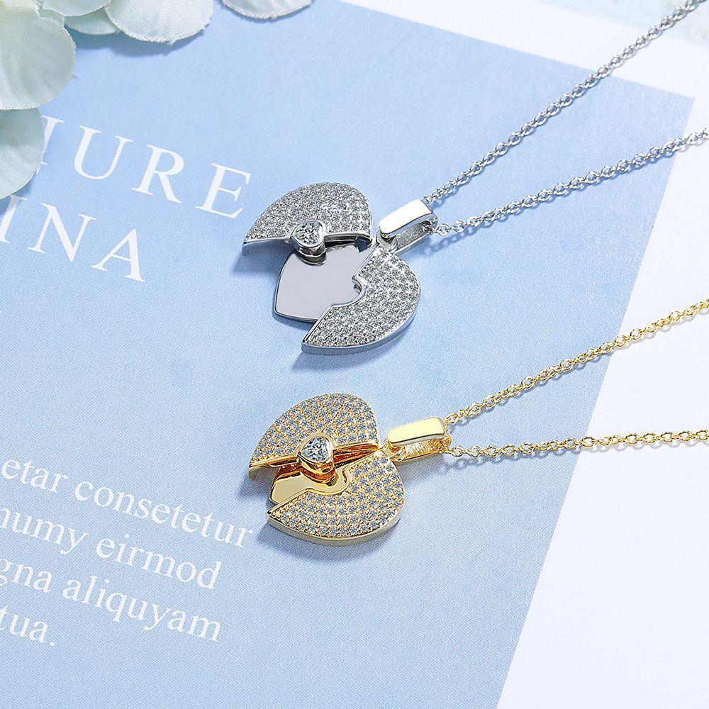 Personalized Zirconia Love Heart Open Necklace Female Heart Pendant Collarbone Chain Jewelry Necklace Valentine's Day Gifts Romantic Accessories