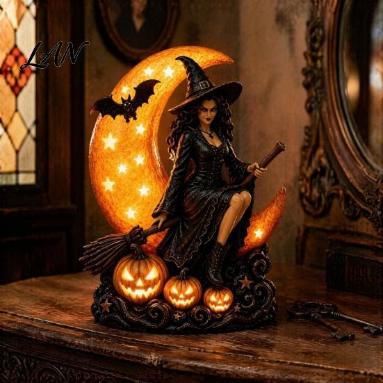 Vintage Magical Atmosphere Lamp Halloween Witch Lamp, Gothic Crescent Moon LED Night Light, Decoration Spooky Decorative Table for Bedroom Bookshelf