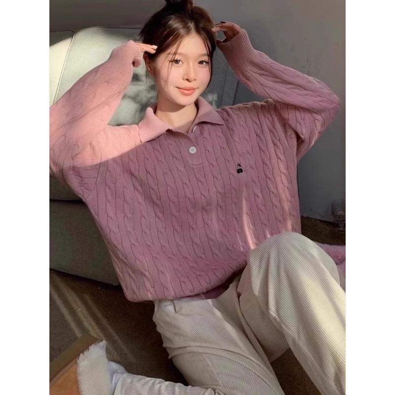 American Retro Polo Collar Sweater for Women - Blue Cable Knit Autumn Winter Top