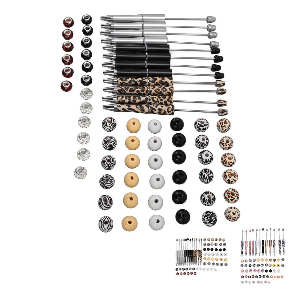 12 Sets Beadable Pens Kit Assorted Bead Pens Leopard Cow Print Bead Ballpoint Pen for Kids Stude