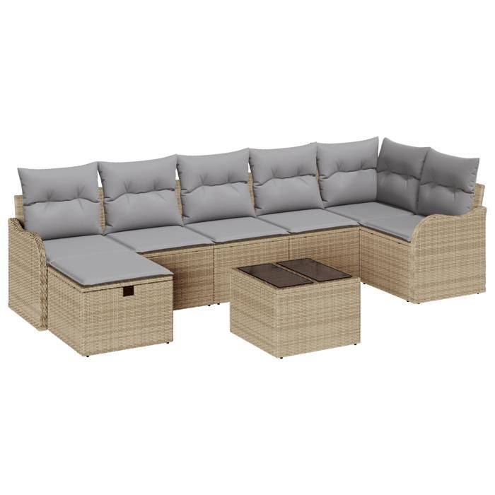 Ensemble de canapé de jardin 8 pièces avec coussins beige poly rotin vidaXL, Canapé de jardin 2 places avec coussins beige 3359009