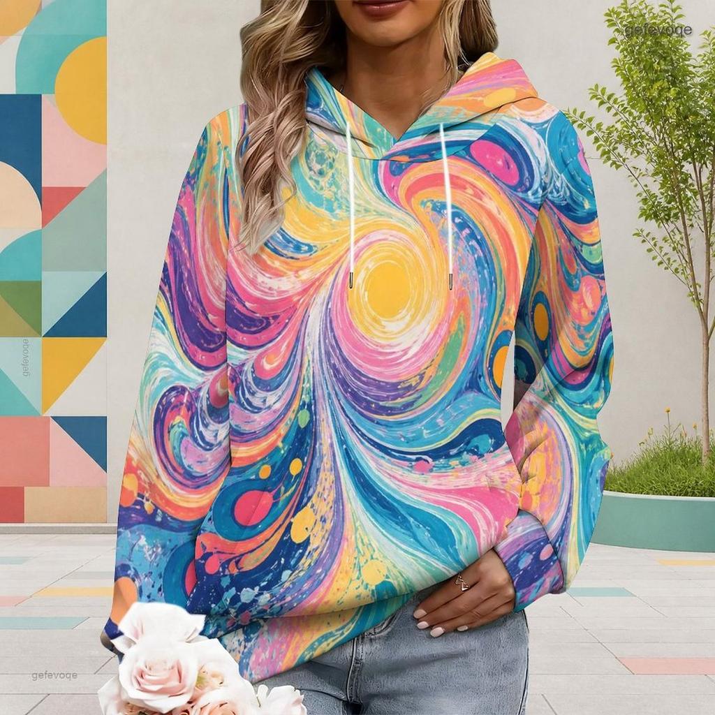 Women Plus Size Colorful Abstract Swirl Printed Long Sleeve Drawstring Hooded Pullover With Kangaroo Pocket