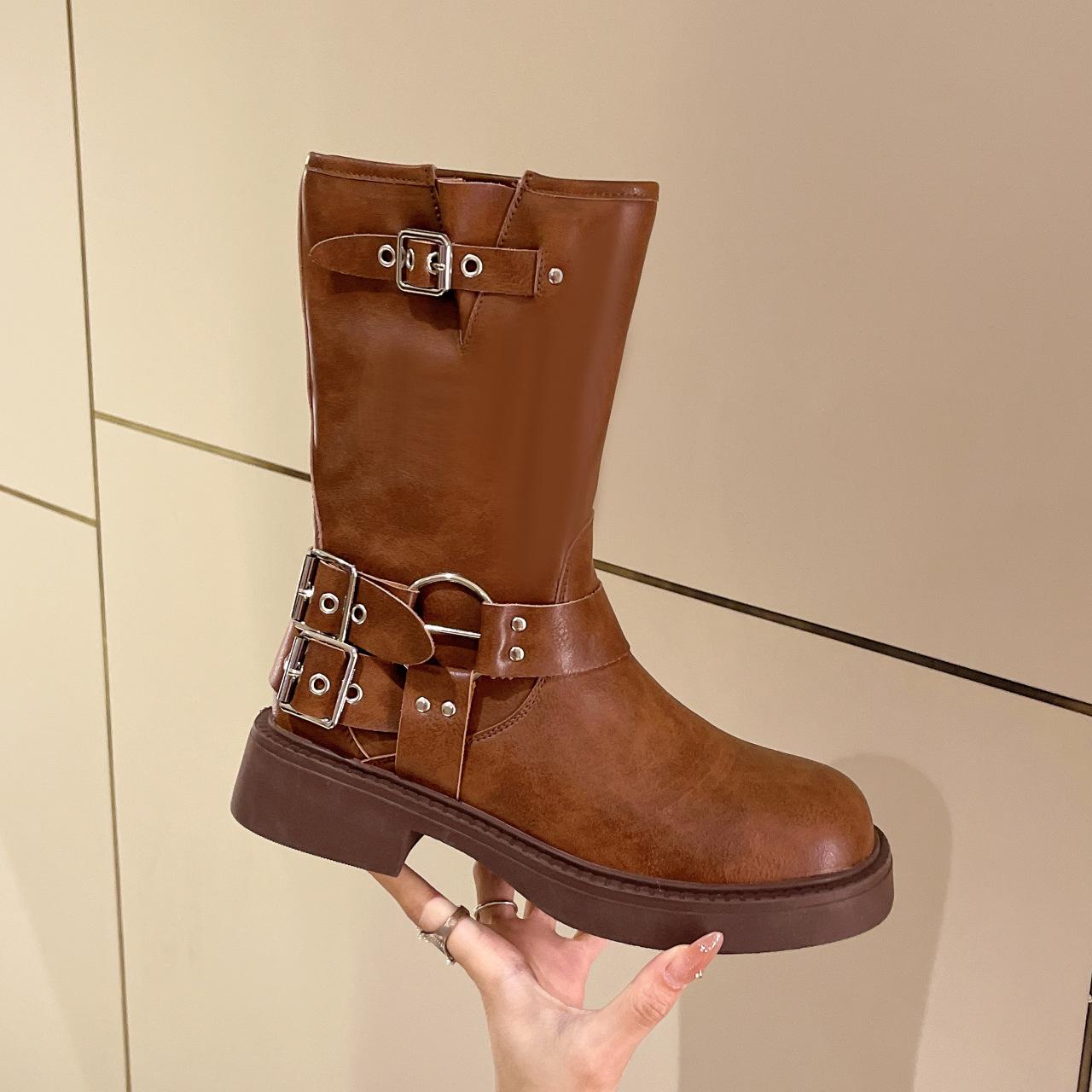 

Autumn and winter new soft leather Spice Girls tooling boots women s locomotive boots medium boots new thick heel knight boots ◑40◑