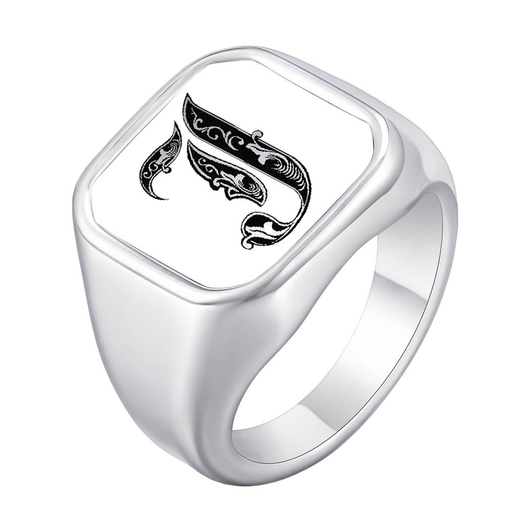 Engrave Custom A-Z Initial Picture Rings for Men, Stainless Steel Male Signet Ring, High Polished Finger Jewelry Gift Father Day