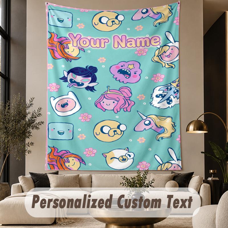 Custom Text Printed Tapestry Adventure Time Cartoon Pattern Large Wall Hanging Indoor Room Decor