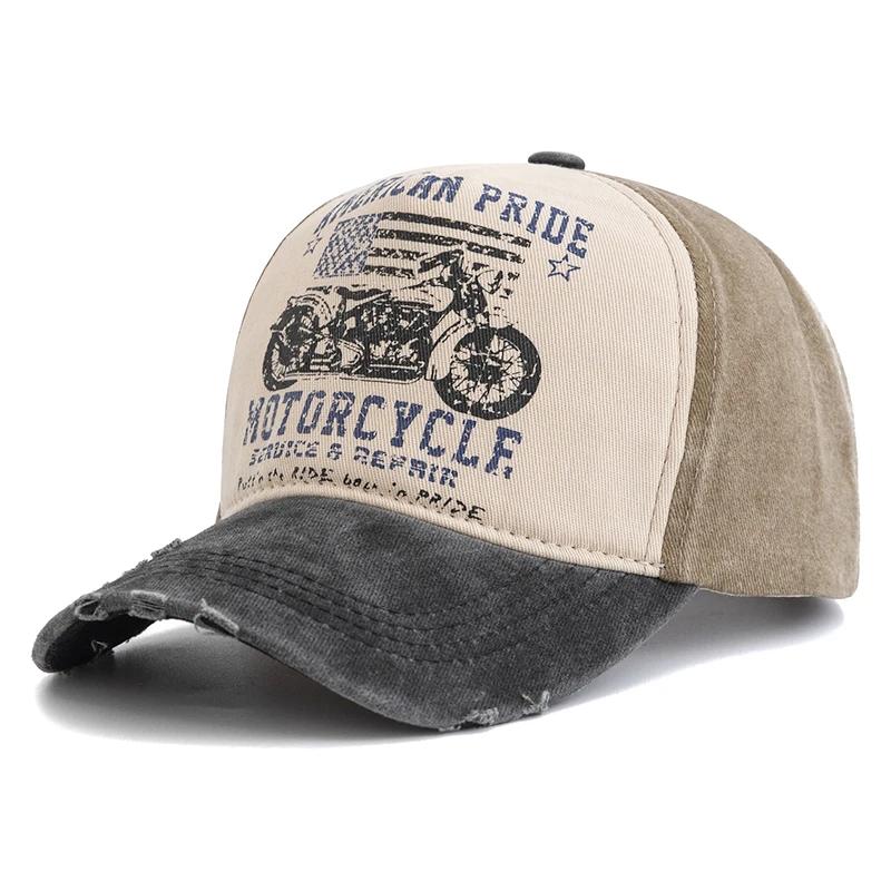 New Motorcycle Printing Baseball Cap Vintage Color Block Washed Cap Adjustable Dad Hats for Women Men