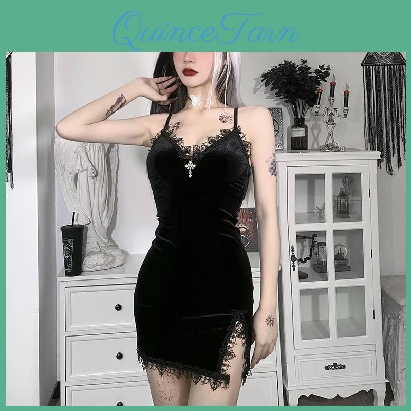Black Dark Dress Mini Cross Vintage Sexy Spaghetti Strap High Waist Slit Dresses Goth Party Club Women Dress