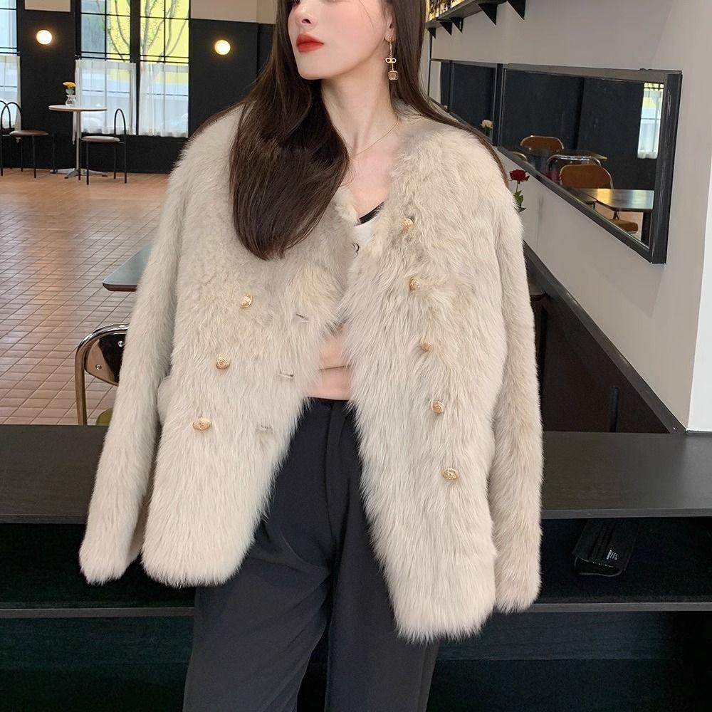 Autumn and winter Toka imitation fox fur integrated coat women's imitation lamb wool double-breasted imitation fur thickened coat