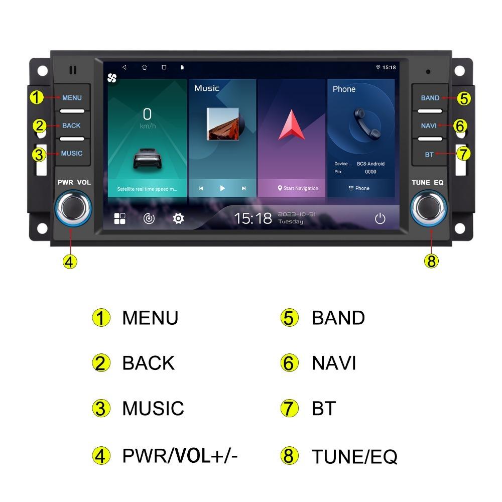 For 2Din Car Android Stereo GPS Player Ram Challenger Jeep Wrangler JK Head Unit Single Radio BT Carplay Multimedia
