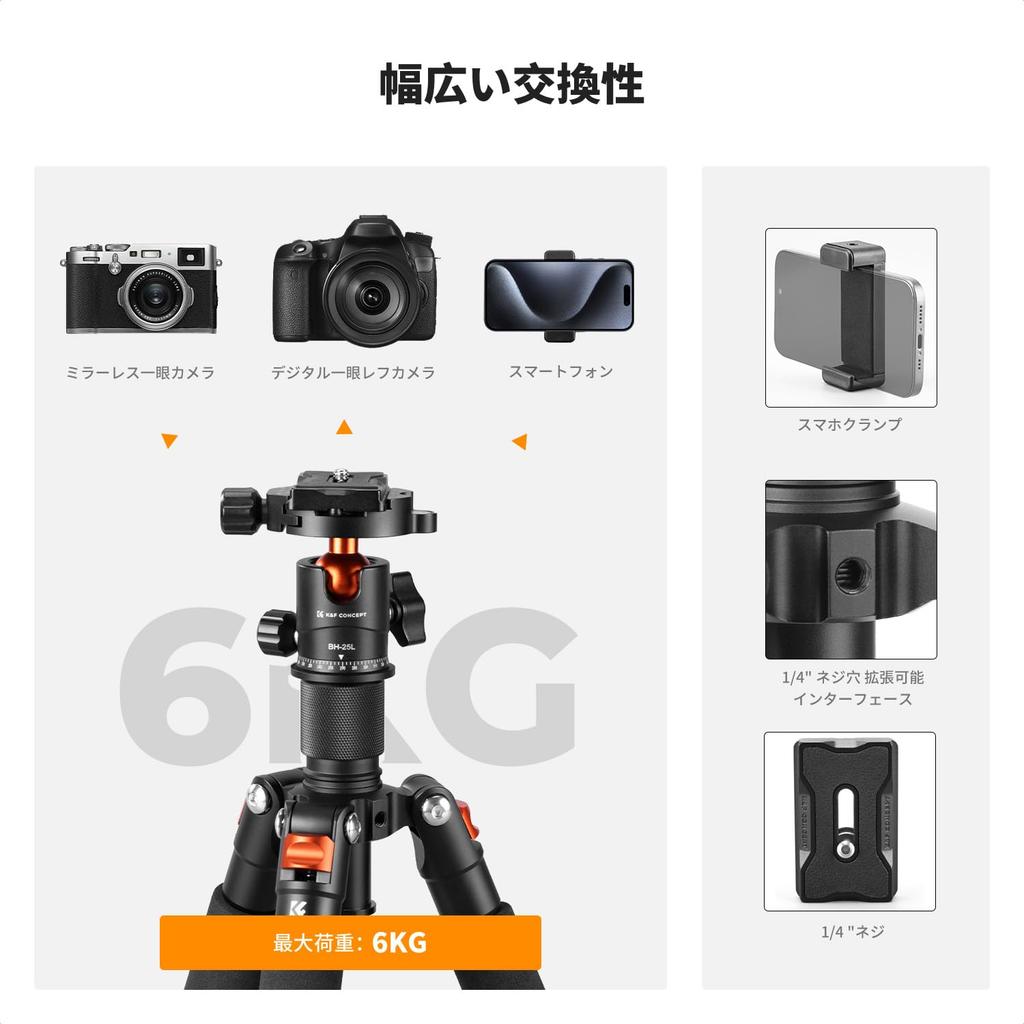 CONCEPT Mini Camera Lightweight and with ball maximum load capacity K&F Tripod compact, 360° head, 6kg.