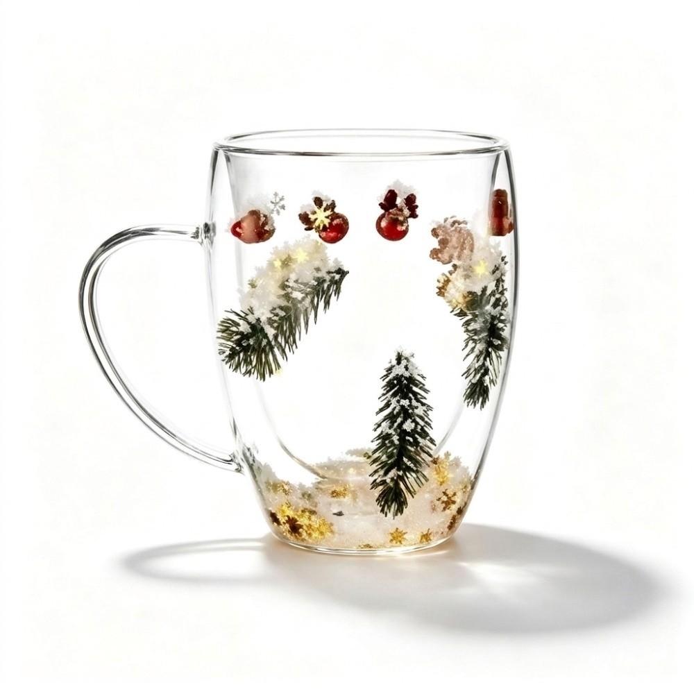 Insulated Double Christmas Glass Cups Exquisite Heat Resistant Beverage Milk Glasses 350ml With Handle Clear Flower Coffee Mug