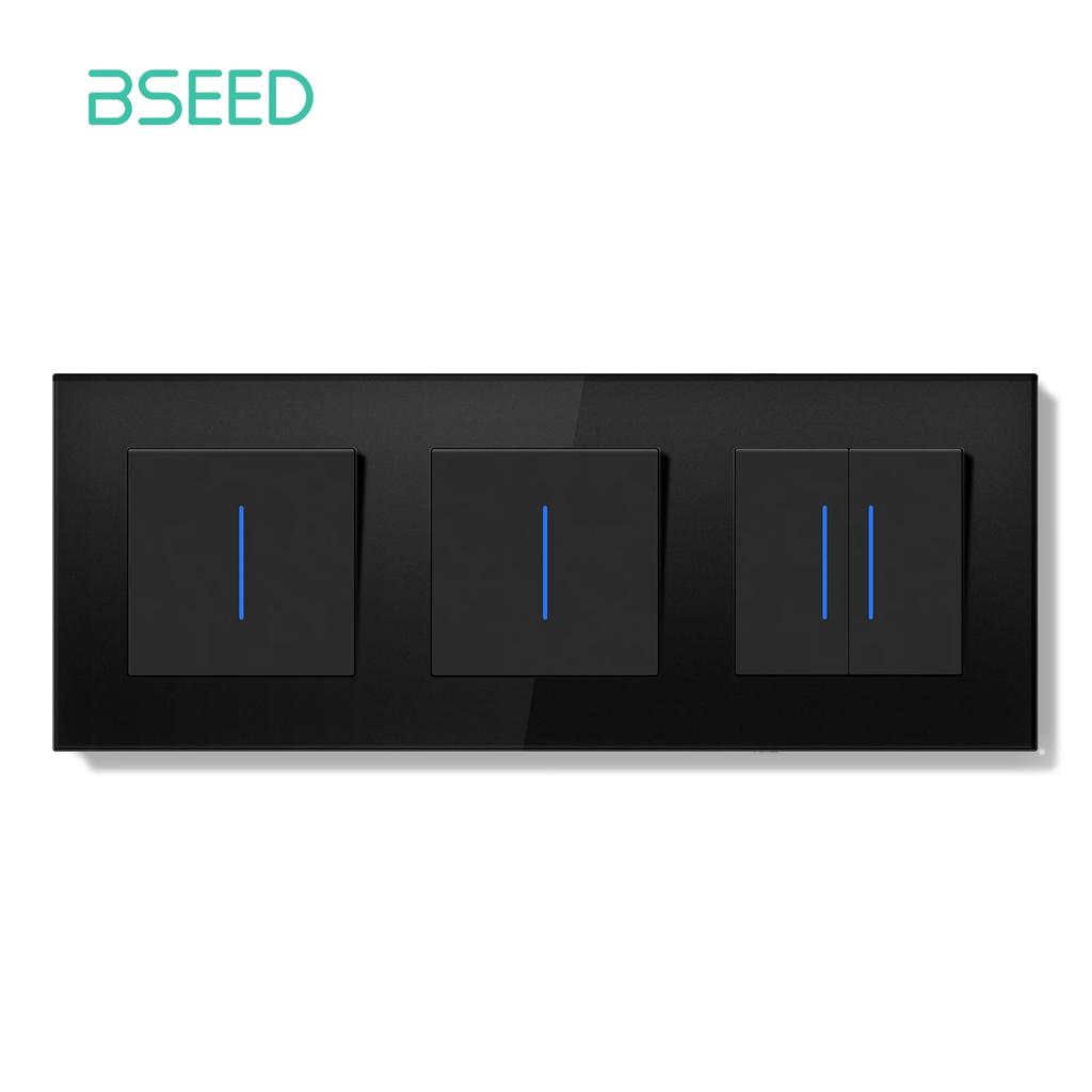 BSEED 1/2Gang Wall Light Switch Mechanical Double Button Switch 1Way With LED EU Sockets USB 20W Type-c Power Ports Glass Panels