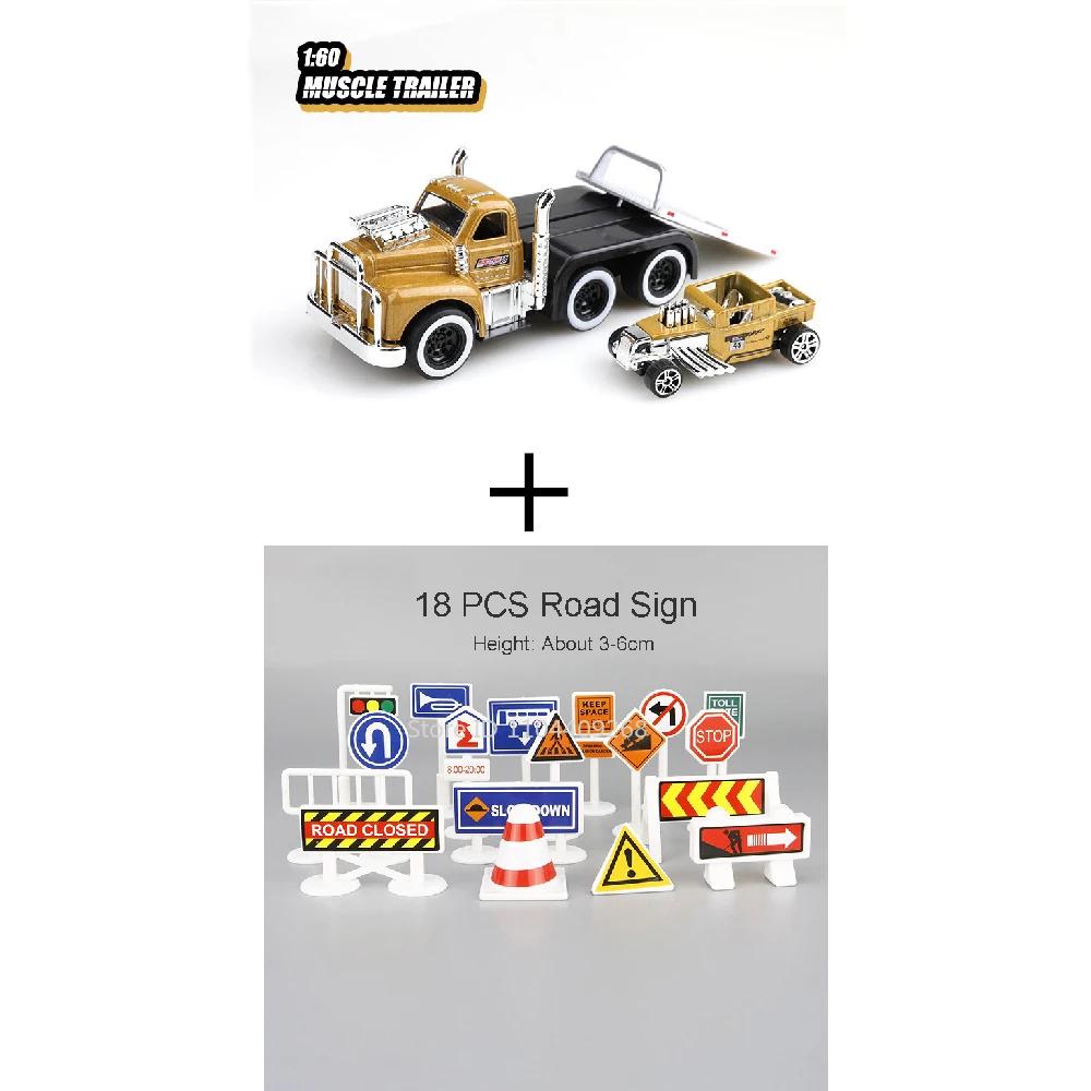 Scale 1:60 American Muscle Trailer Model Toy Car Sound Light Alloy Diecast Pull Back Flatcar Models Birthday Gifts for Kids