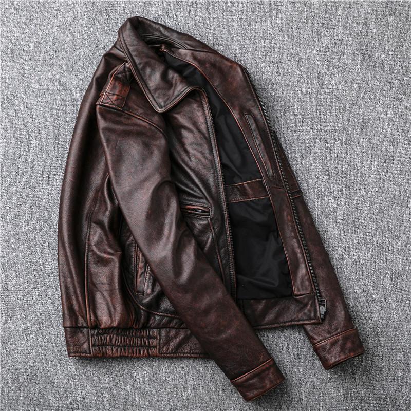 Jaqueta de couro de vaca com camada de terno de voo desgastado, jaqueta retrô de motocicleta masculina