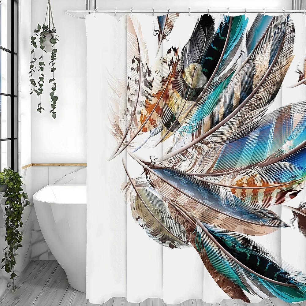 Colorful Feather Shower Curtain, Bathroom Decorative Shower Curtain, Waterproof Shower Curtain with Hooks