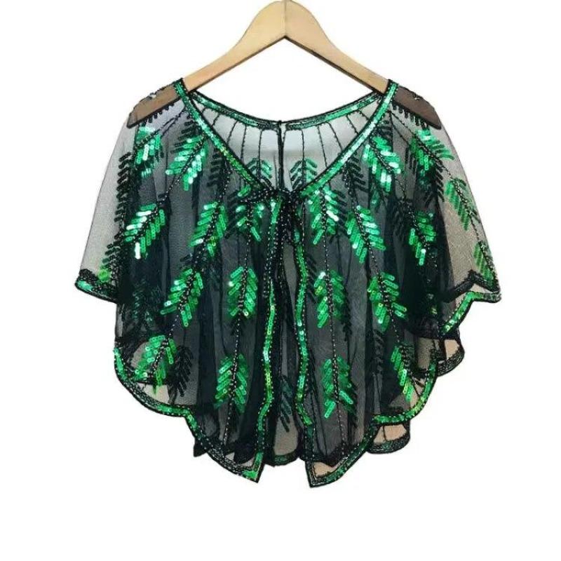 Beaded Sequin Shawl Vintage Flapper Evening Cape Sheer Mesh Embroidery Leaf  Women Bolero Party Accessories