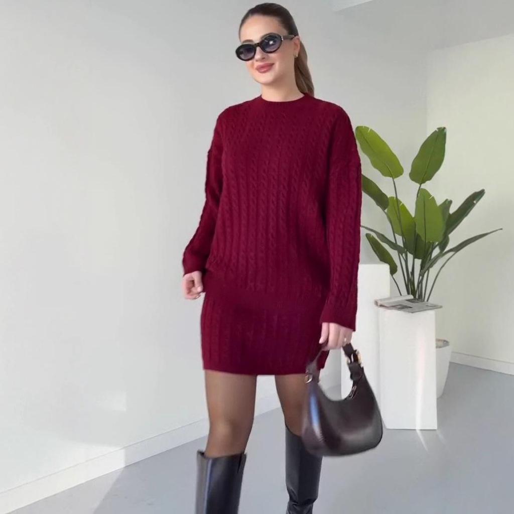 Autumn 2025 Round Neck Knit Sweater and Bodycon Skirt Set for Women
