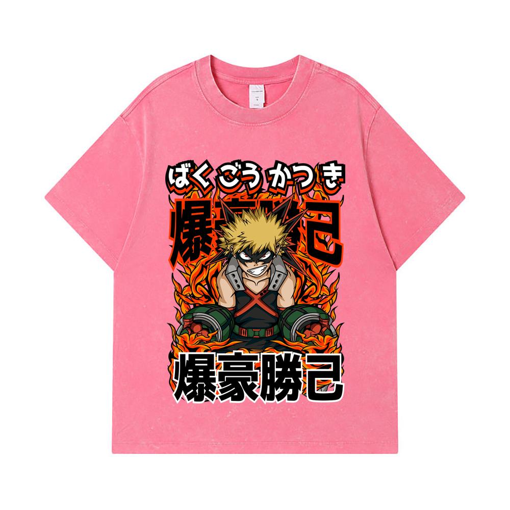 275 GSM Washed T-shirts 100% Cotton My Hero Academia V13 Bakugo Print Unisex Heavy Cotton T Shirt