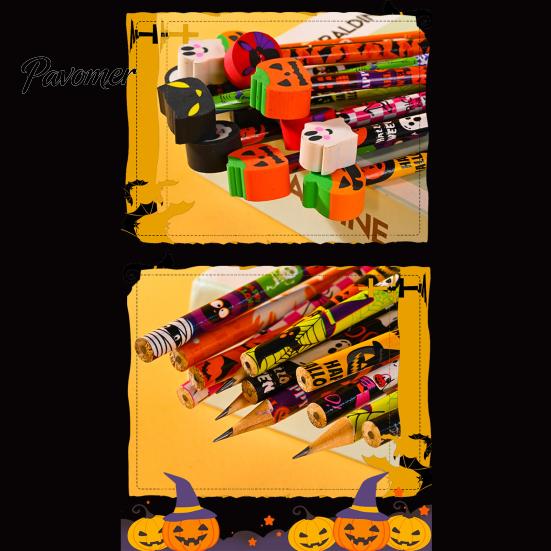 Kids Halloween Stationery 12 Pcs Pencils with 3D Skull Ghost Pumpkin Cat Erasers, Wood Bulk for Goodie Bags, School Classroom Rewards Supplies