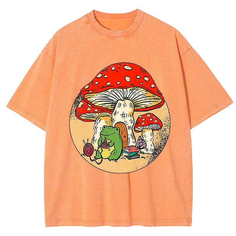 Cute Frog Kinting Mushroom Print Woman Washed T-Shirt Cotton Summer T Shirt Soft Loose Streetwear Y2K Short Sleeves