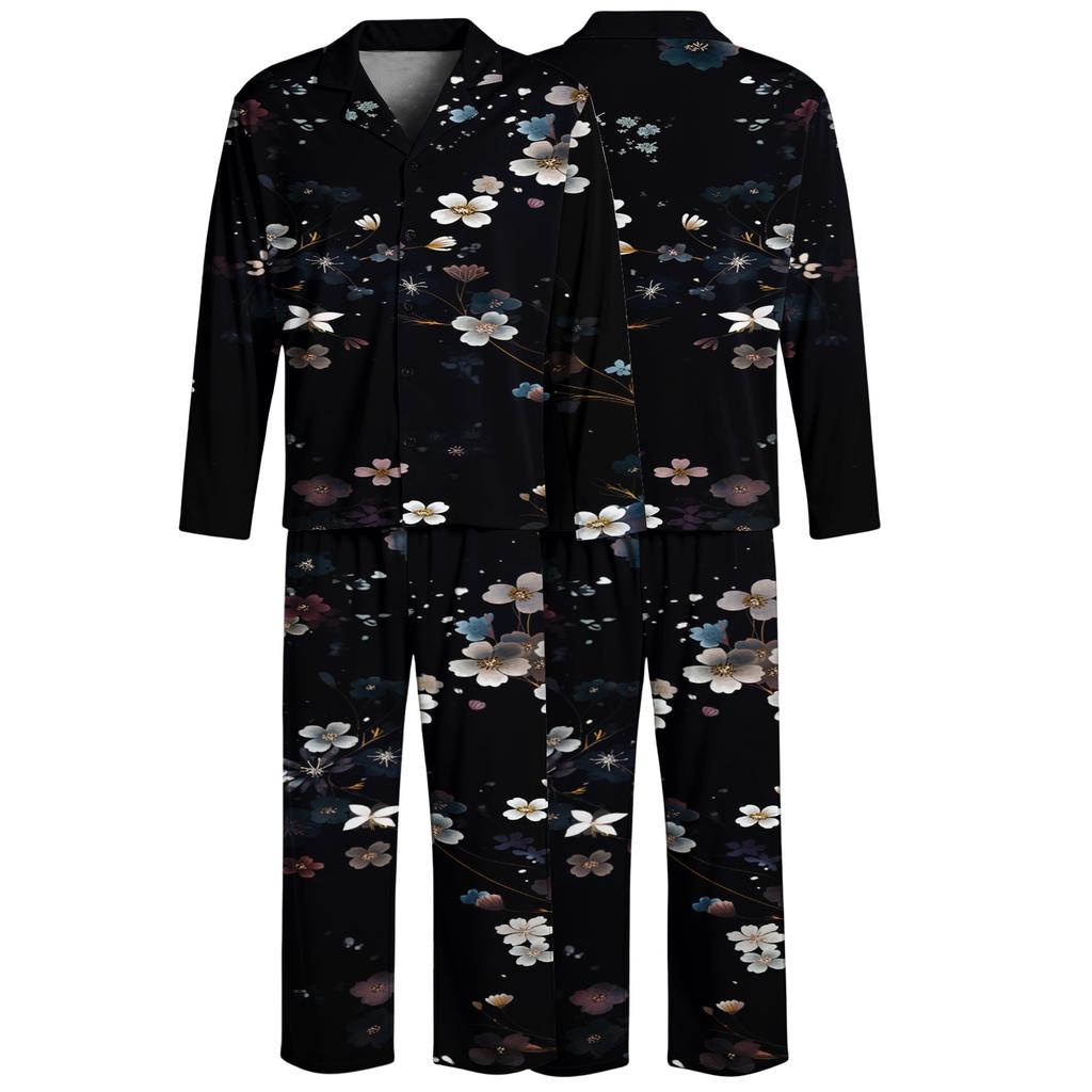 Men's Loose Fit Christmas Print Pajama Set with Button Down Top and Straight Leg Pants - Two Piece Holiday Sleepwear