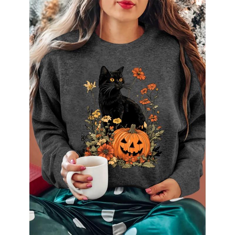 Women's Renewal Women's Autumn and Winter Clothing Wildflower Black Cat Jack-O-Lantern Print Round Neck Long Sleeve T-Shirt