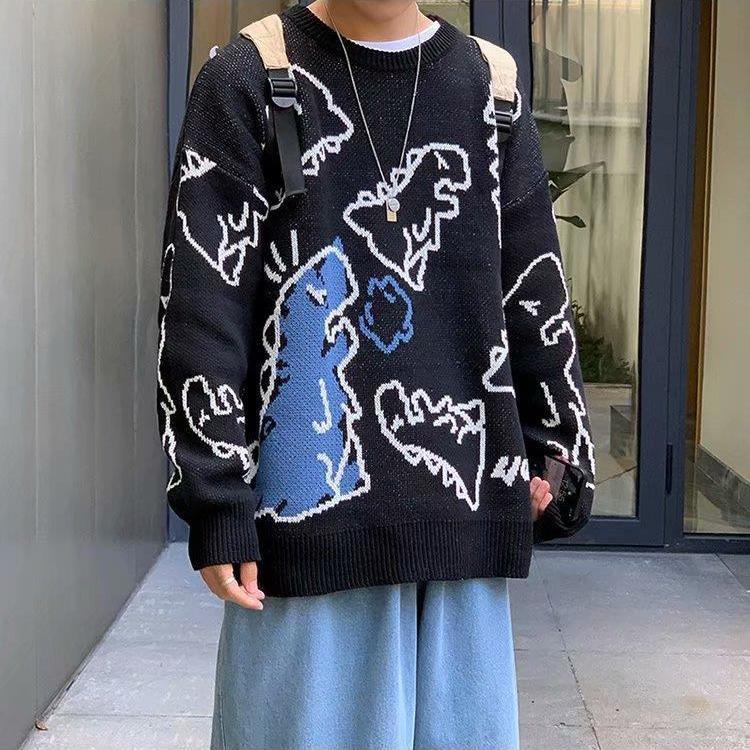 O-Neck Long Sleeve Women's Oversize Sweater Solid Dinosaur Printed Y2k Knitted Sweater Loose Casual Oversized Knitted Pullover