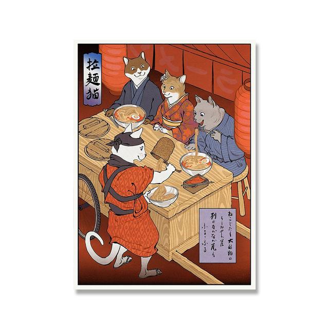 Samurajská kočka Lamian Noodles Sushi Tisk plakátu Legrační japonský plakát kočičí restaurace