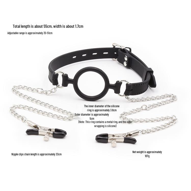 Silicone O-ring Gag with Nipple Clamps - Black Bondage Set