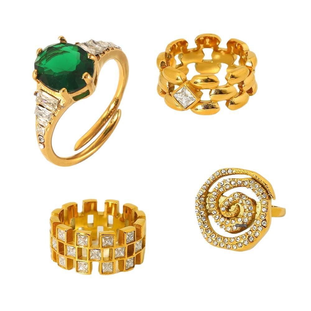 18K Gold Plated Zircon Geometric Multi-layer Spiral Ring for Women - Waterproof Stainless Steel with Rhinestones