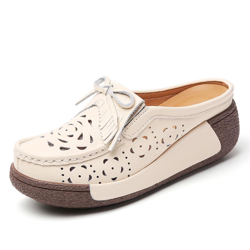Damen Sandalen mit Höhenabsatz Plateau Loafers Rot Slipper zum Hineinschlüpfen Lässige Clogs Blume Leder Weiße Schuhe für Mutter