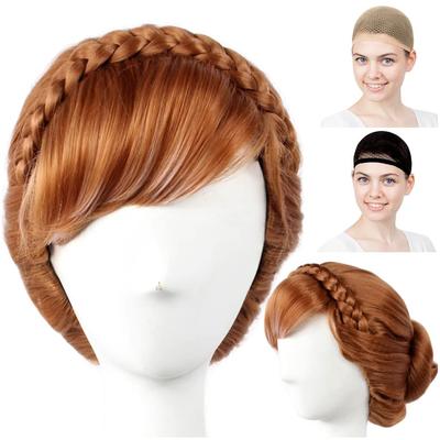 CaseEden Cosplay Wig, Short, Bun, Braided, Heat-Resistant, Brown, Set of 2 Wig Nets